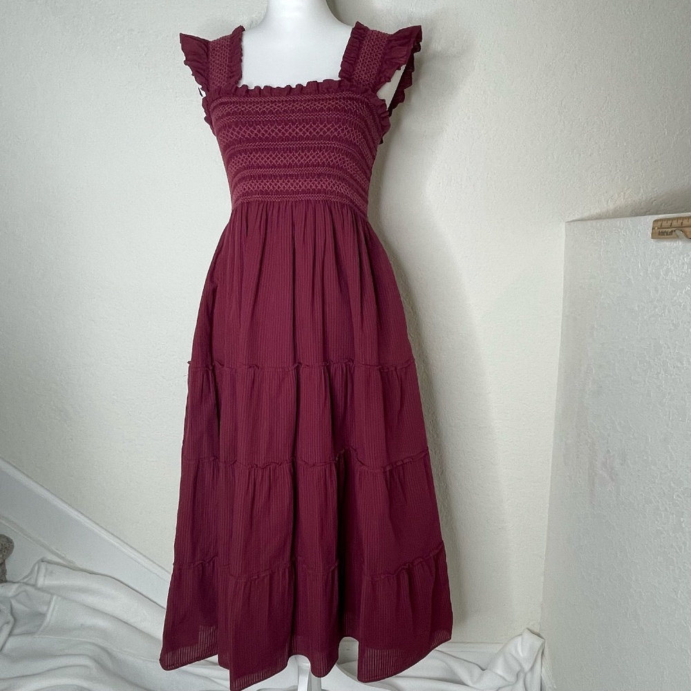 Hill House The Nap Dress S Maroon Smocked Tiered Ruffle Cottagecore Midi